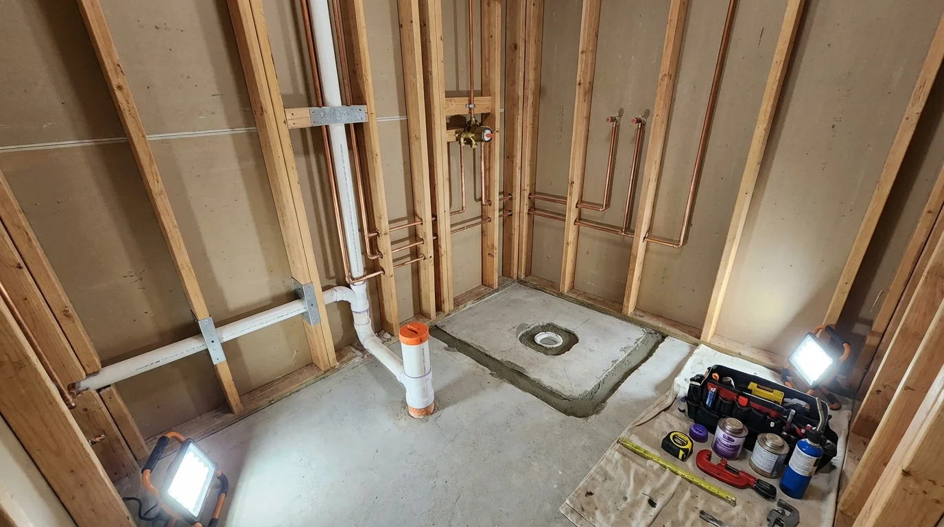 Bathroom rough-in plumbing during remodel by Johns Plumbing LLC in Niland