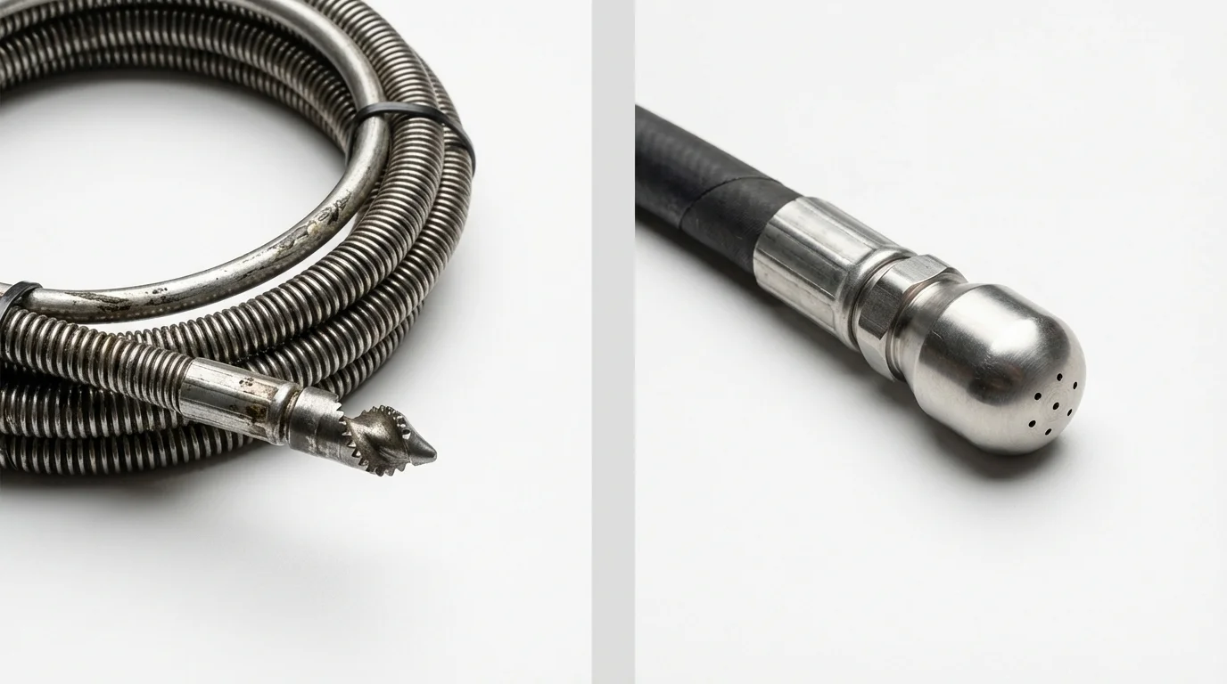 Drain snake cable and hydro jetting nozzle used for drain cleaning in Niland, CA