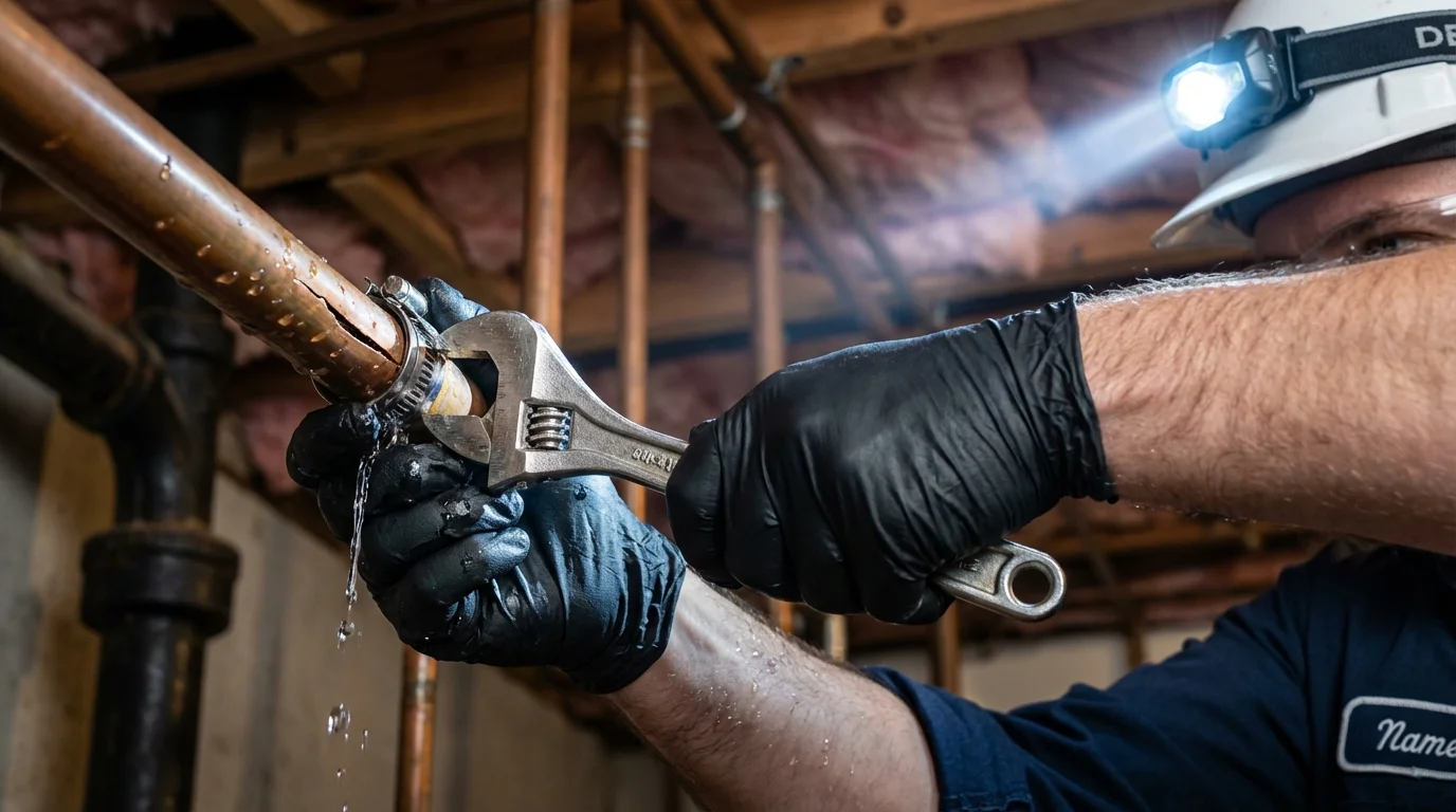 Emergency pipe clamp repair being performed by a Johns Plumbing LLC plumber in Niland